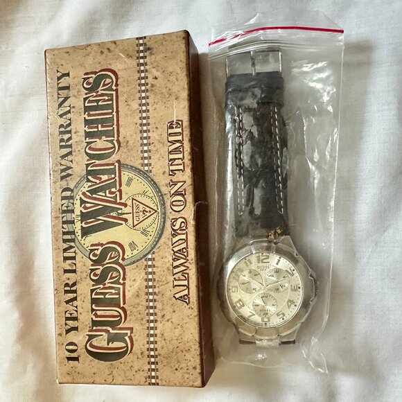 Guess Steel 190199G1 Men's Wrist Watch Brown Leather Band, New Battery, Quartz - Picture 8 of 9